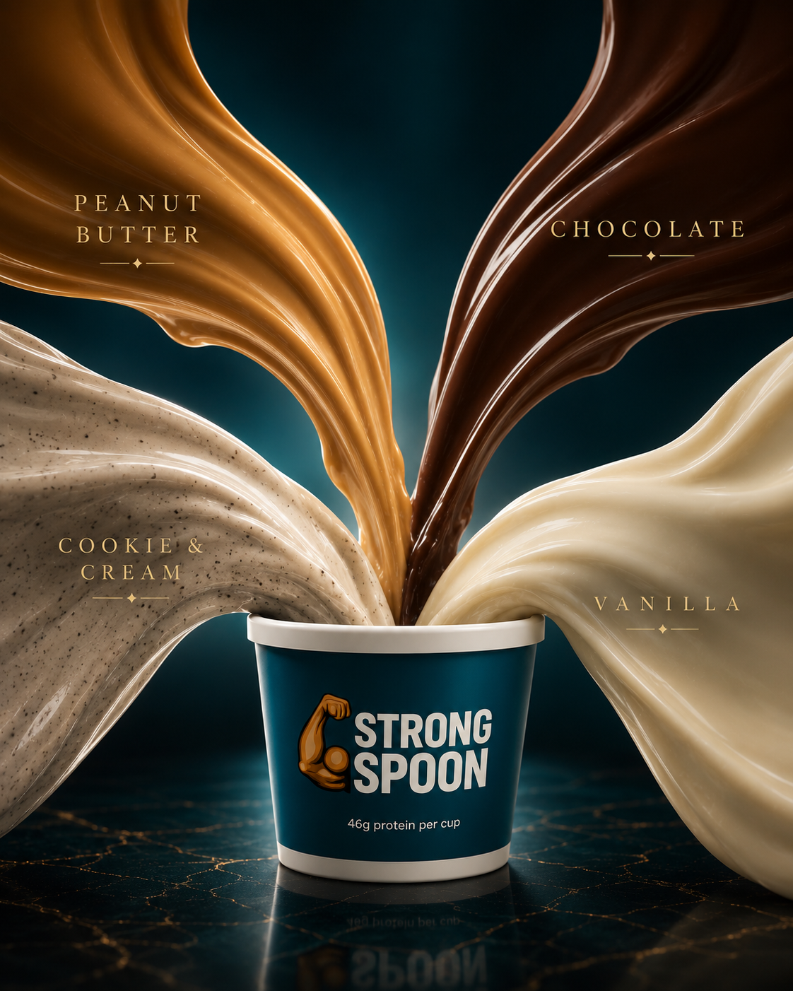 Strong Spoon flavours — Peanut Butter, Chocolate, Cookie & Cream, Vanilla